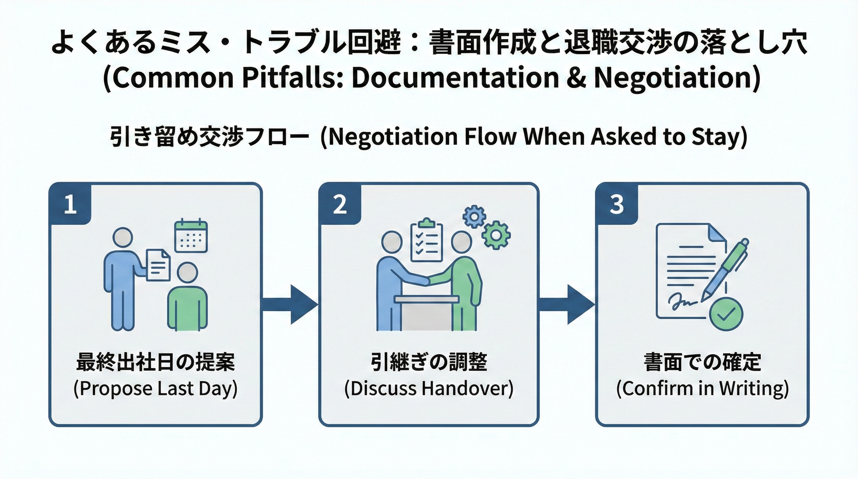 退職引き止めの場面で退職希望日を提示し、引継ぎを話し合い、内容を文書で確認するという3ステップを矢印でつないだ図
