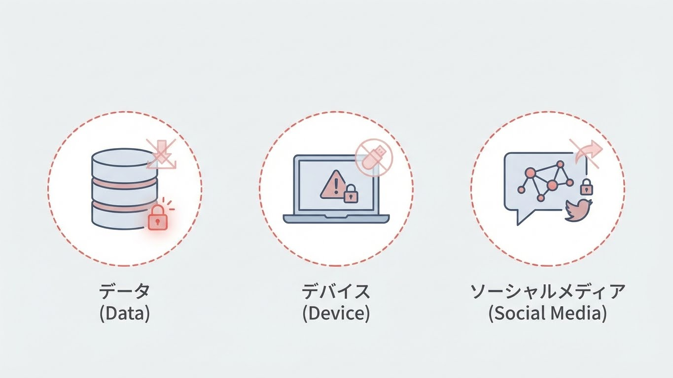 データベース、ノートPC、SNSアイコンを表す3つのシンプルなアイコンを並べ、退職時の情報管理の重要ポイントを象徴した図