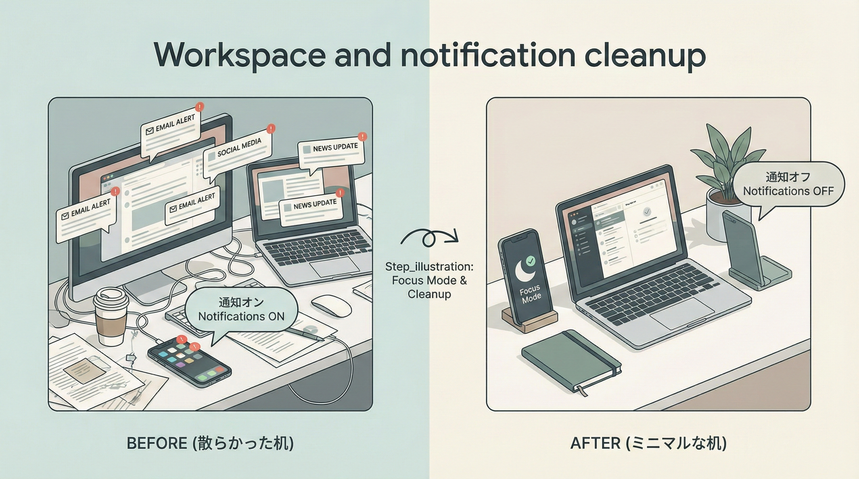 左側に散らかった机と多くのポップアップ通知、右側にミニマルな机と通知オフのスマホが並ぶビフォーアフター形式のイラストです。