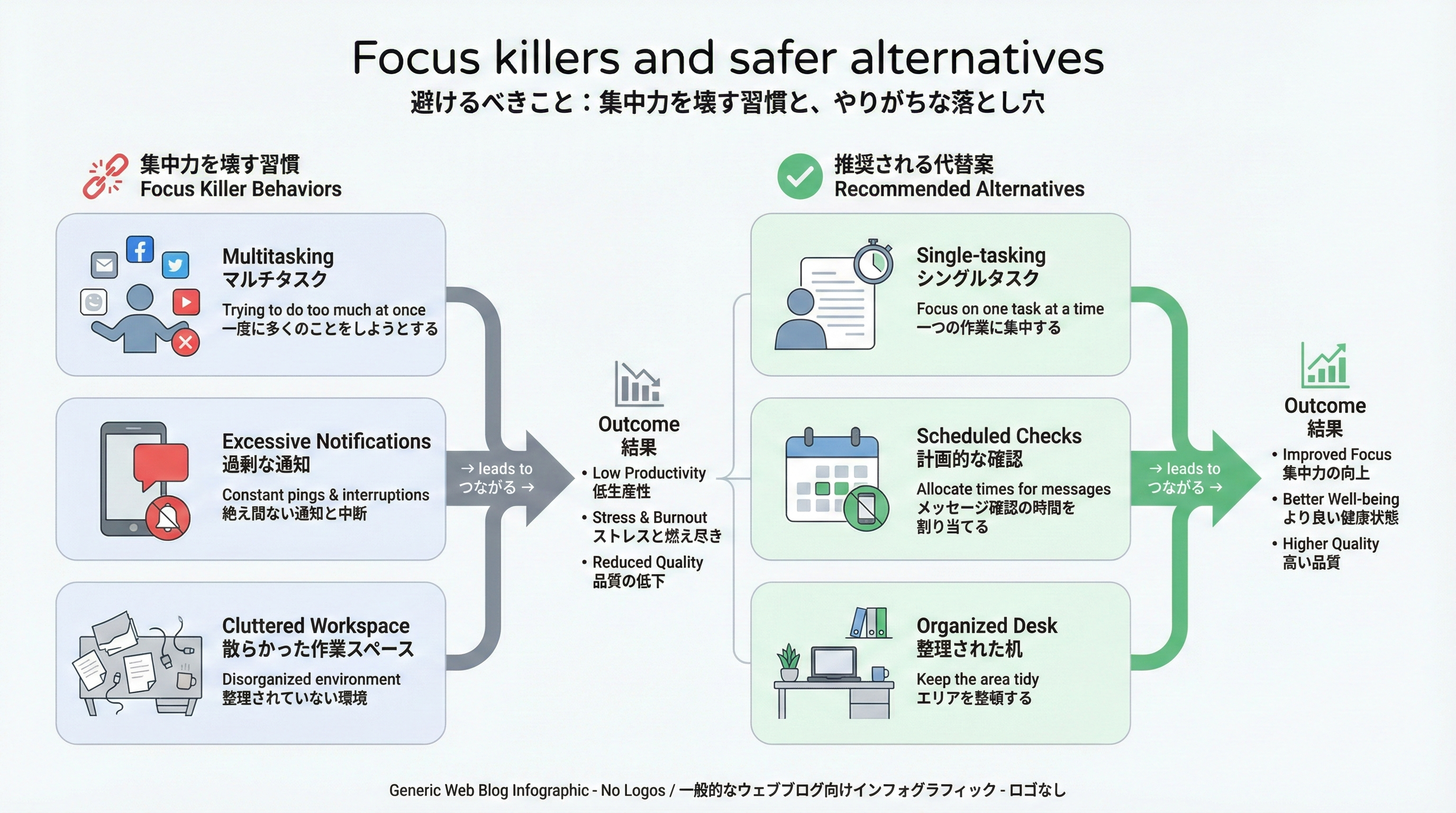 マルチタスクやSNS休憩などの集中力を壊す行動が、疲労や成果低下につながる流れと、その代わりに推奨される代替行動を矢印で示した因果図です。