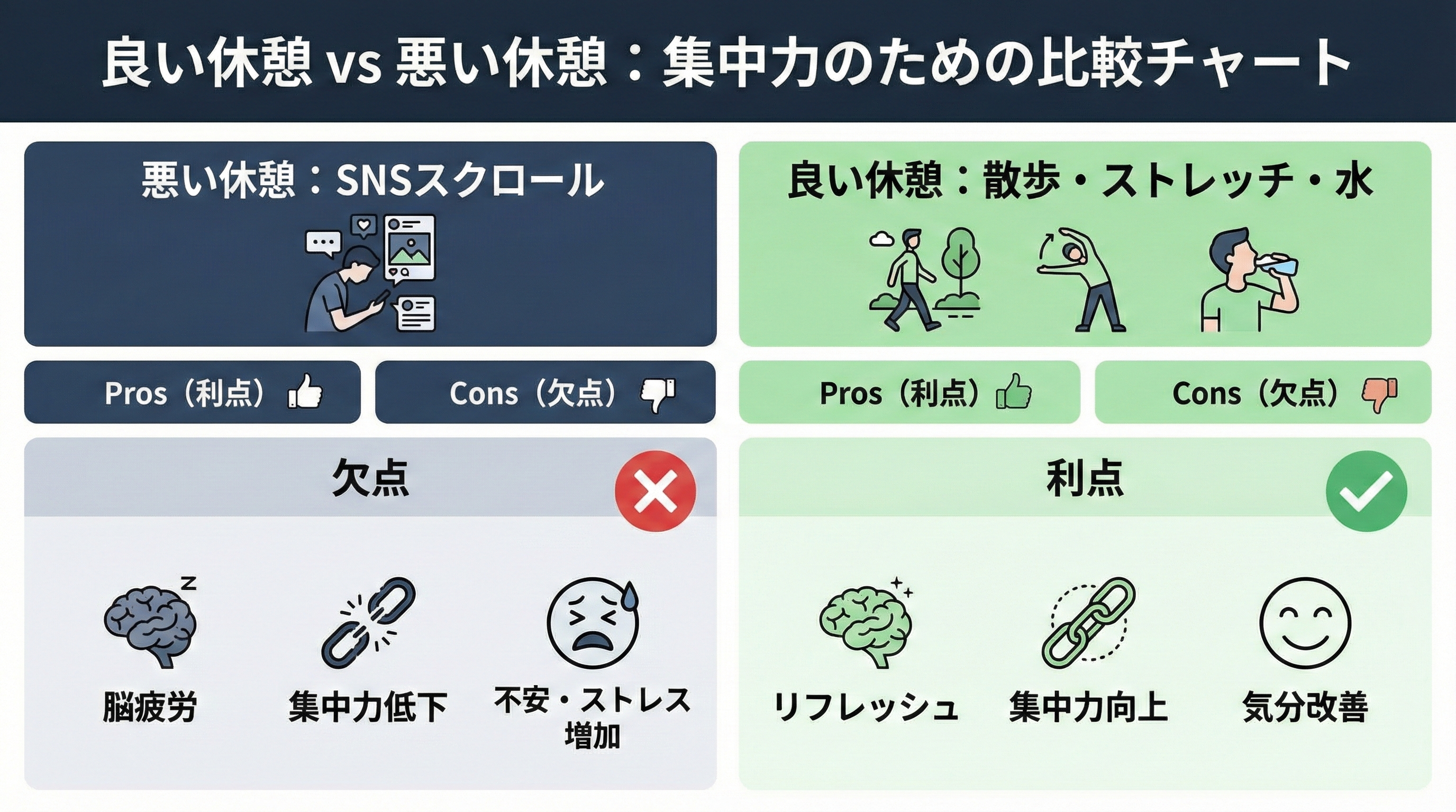 左列にSNSスクロールなどの悪い休憩、右列に散歩やストレッチ、水分補給といった良い休憩を並べ、それぞれのメリット・デメリットをアイコン付きで比較したチャートです。