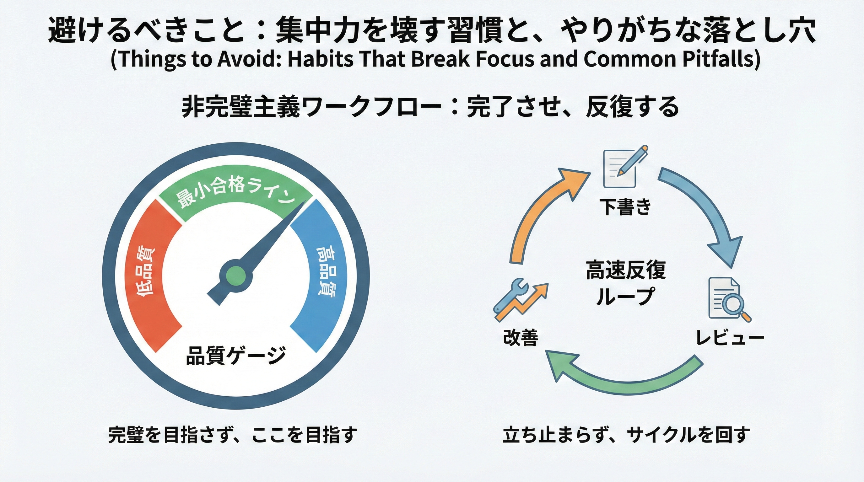 「最小合格ライン」と書かれたゲージメーターと、下書き→レビュー→改善というプロセスを矢印でループ状に示したインフォグラフィックです。