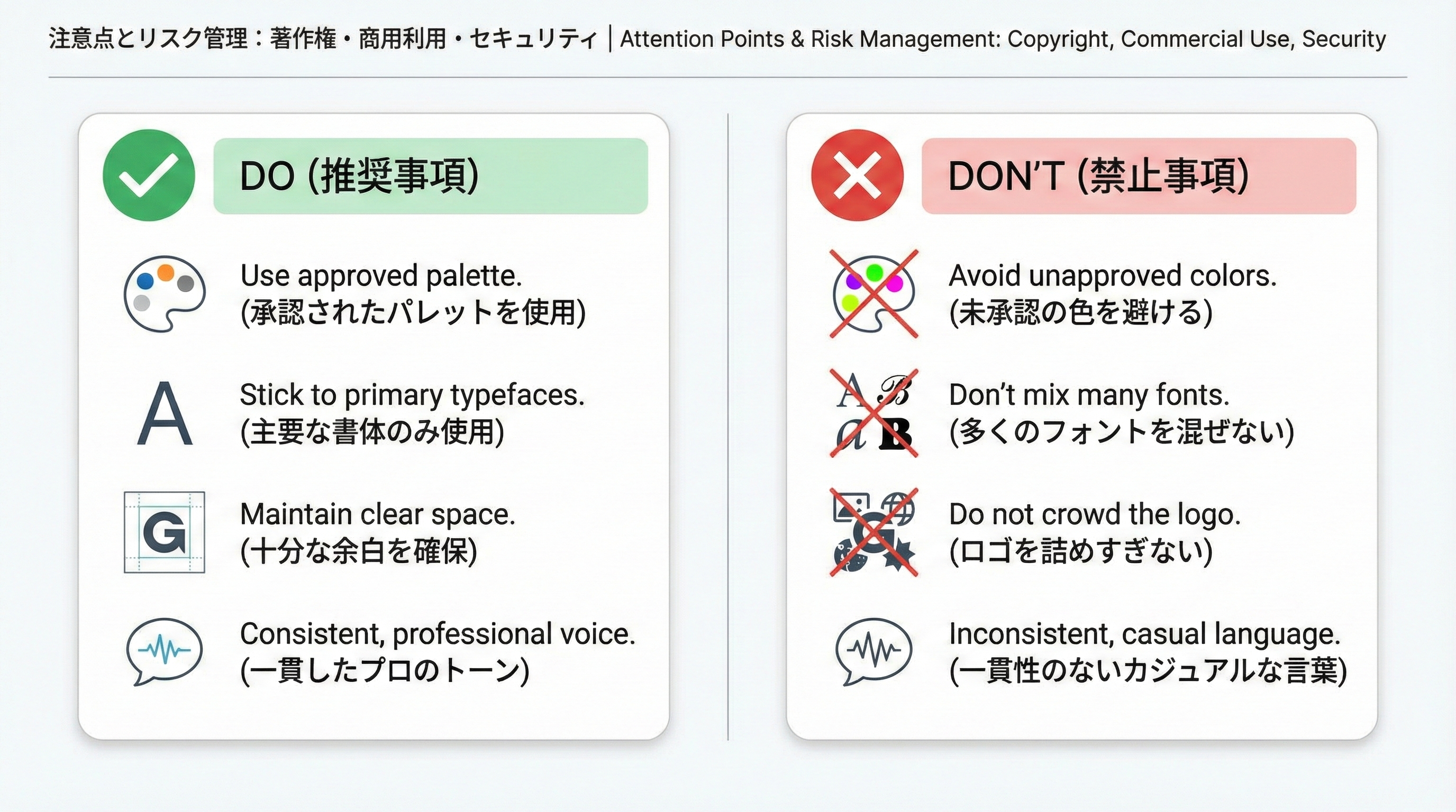 ブランド要素のDoとDon'tを、色・フォント・ロゴ・トーンごとにチェックとバツ印で示したガバナンスカード