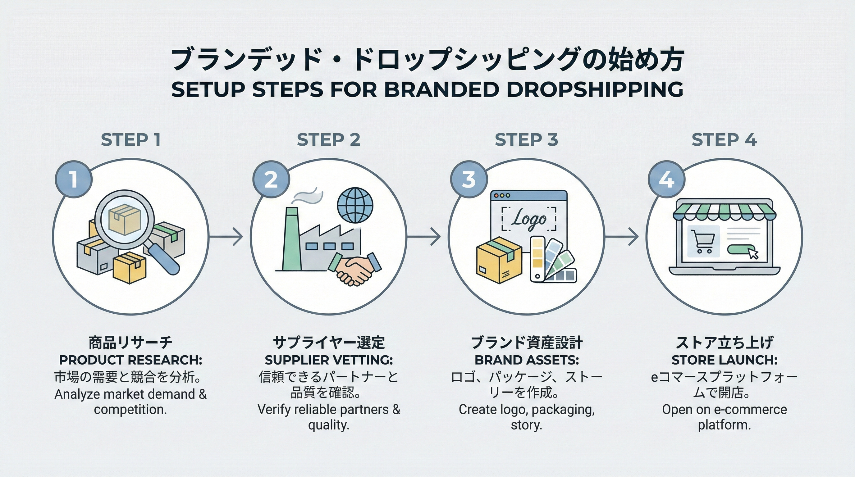 商品リサーチからサプライヤー検証、ブランド資産作成、ストアローンチまでのステップを矢印で示した図