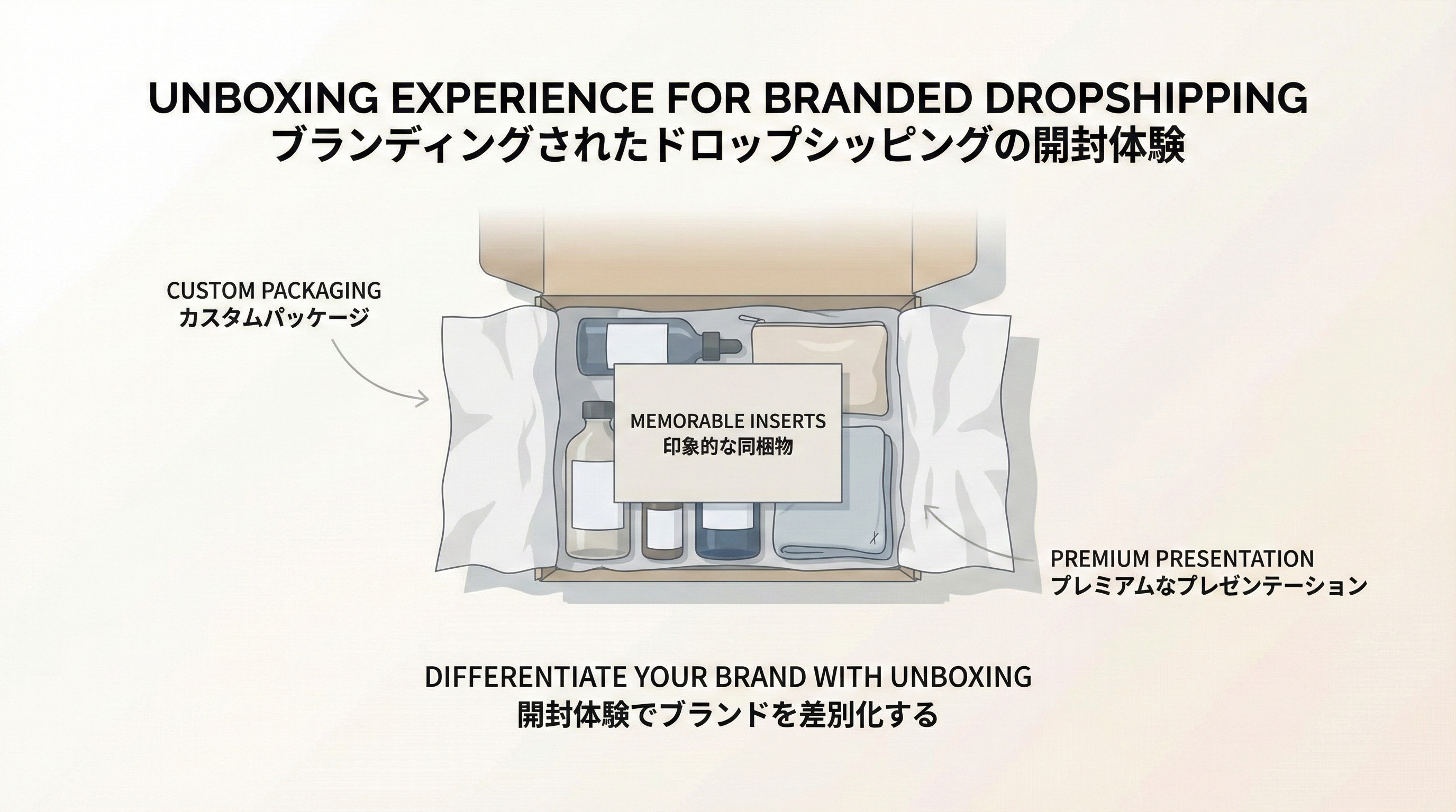 箱を開けると商品とインサートカードが整然と並んでいる開封体験のイラスト