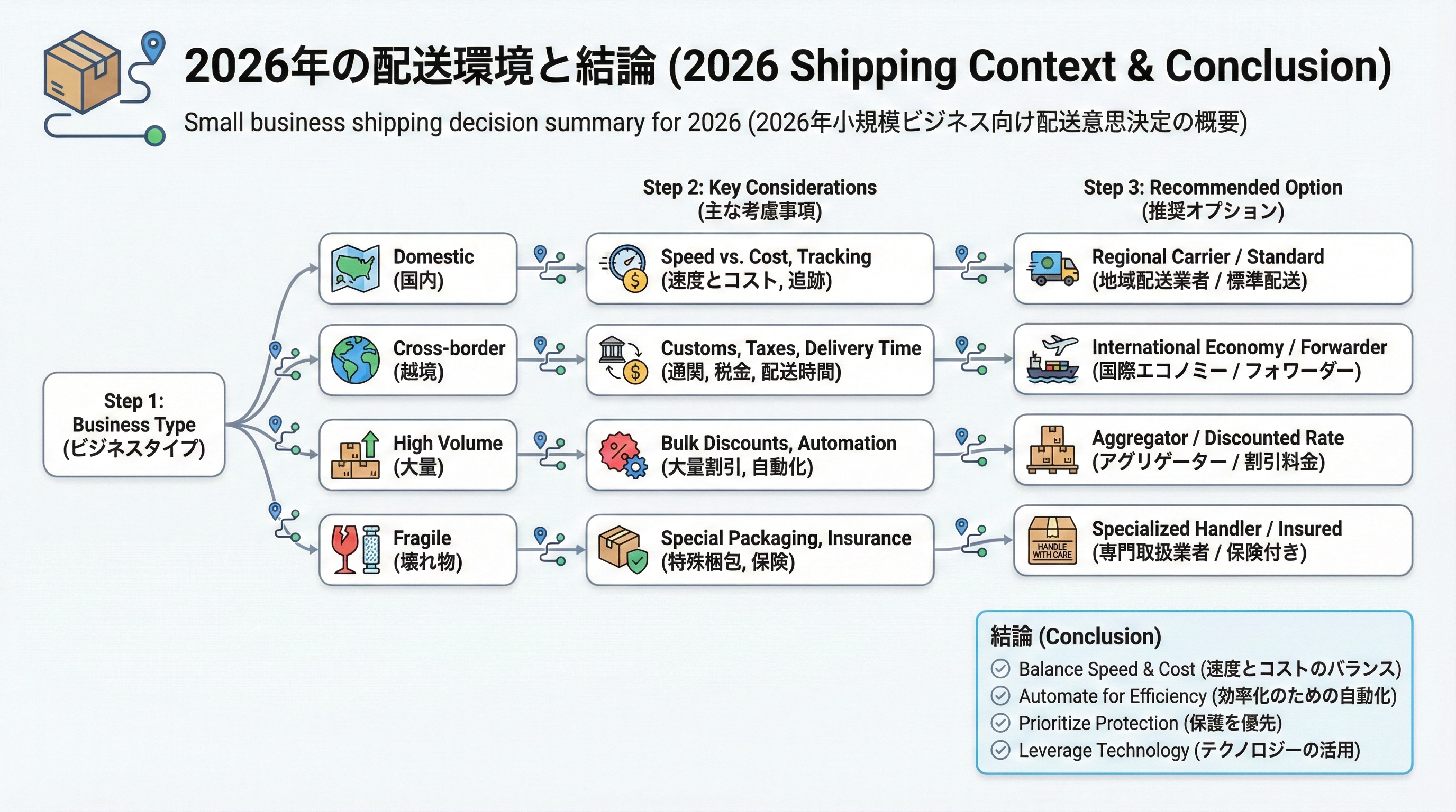 2026年の小規模ビジネス向け配送サービス選定における3ステップの意思決定ツリーを示し、ビジネスタイプ別の推奨オプションを俯瞰できるインフォグラフィック
