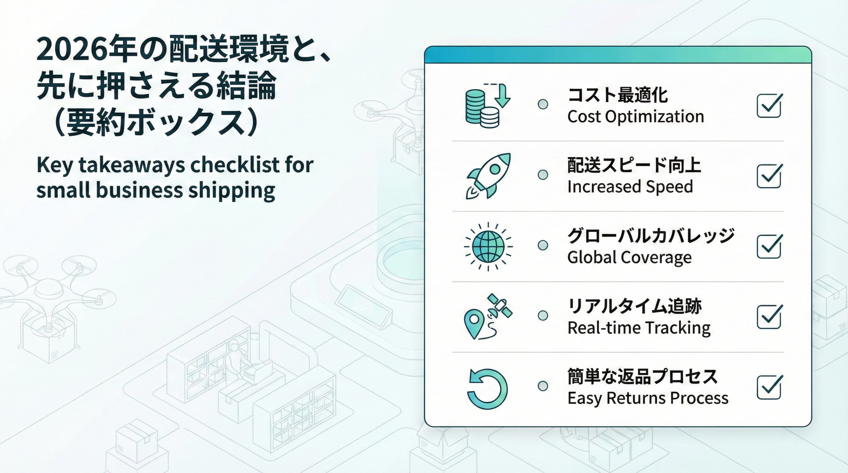 小規模ビジネスが配送を始める際に確認すべきコスト・スピード・配送エリア・追跡・返品の5項目をチェックリスト形式でまとめた図