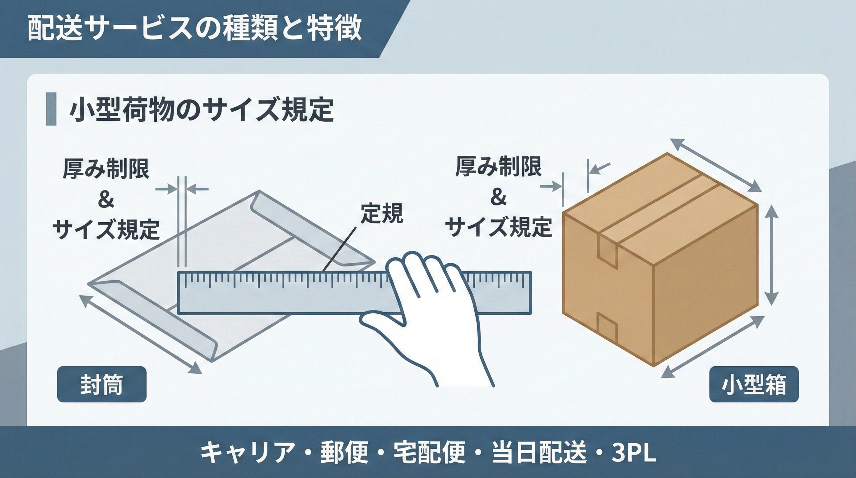 封筒や小箱と定規を用いて、小型配送における厚みやサイズ制限の考え方を示したイラスト