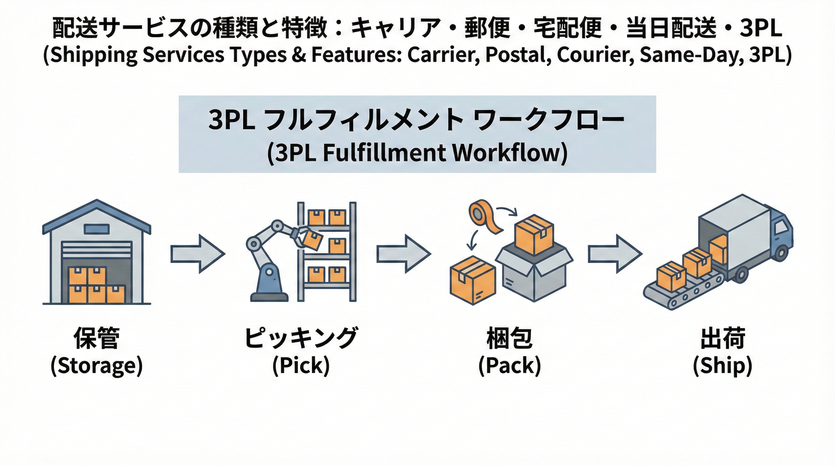 入庫・保管された商品がピッキングされ、梱包されて出荷されるまでの4ステップを矢印でつないだワークフロー図