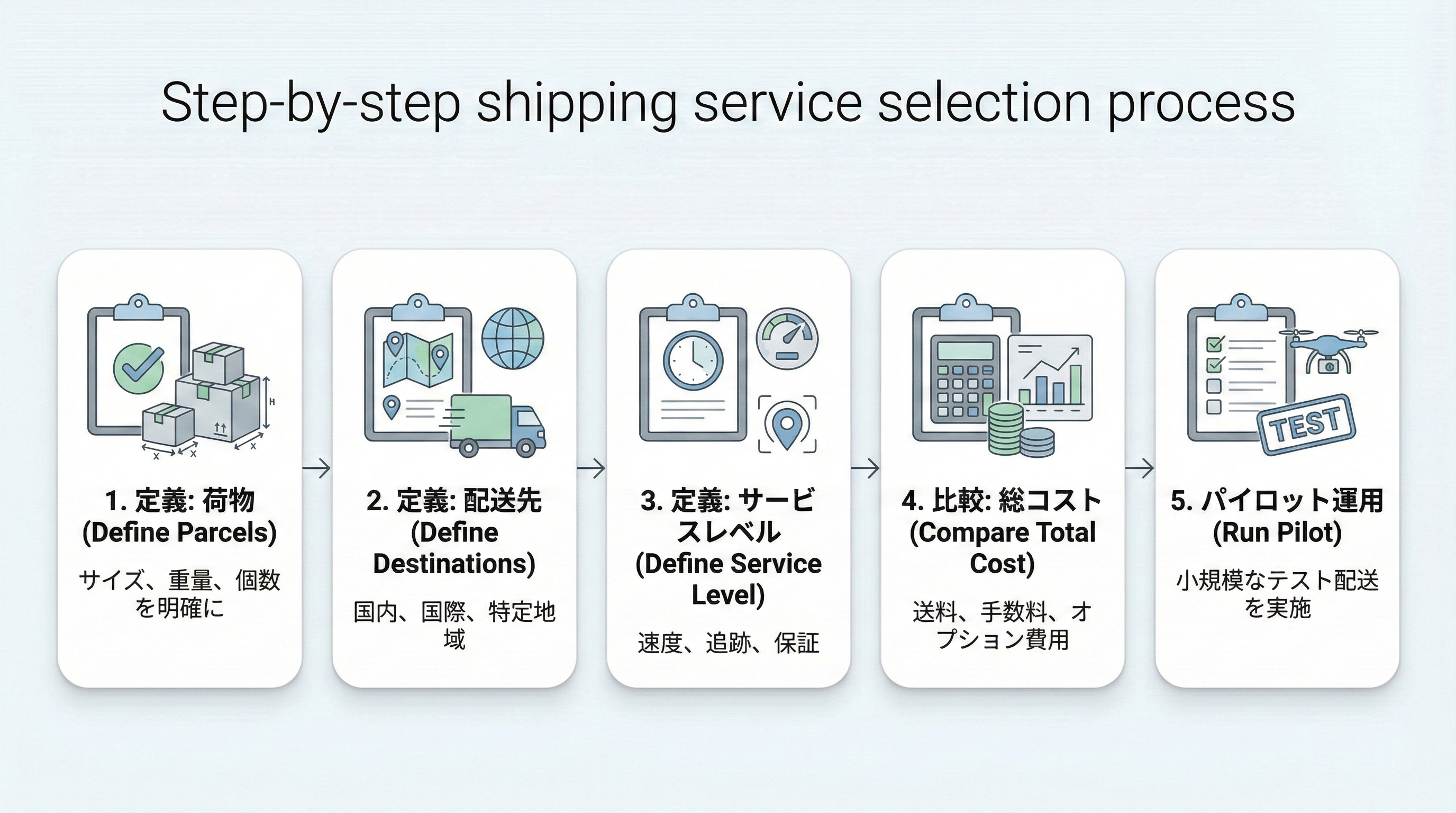 荷物条件の定義からサービスレベルの設定、総コスト比較、パイロット運用までの5ステップを示したフローチャート