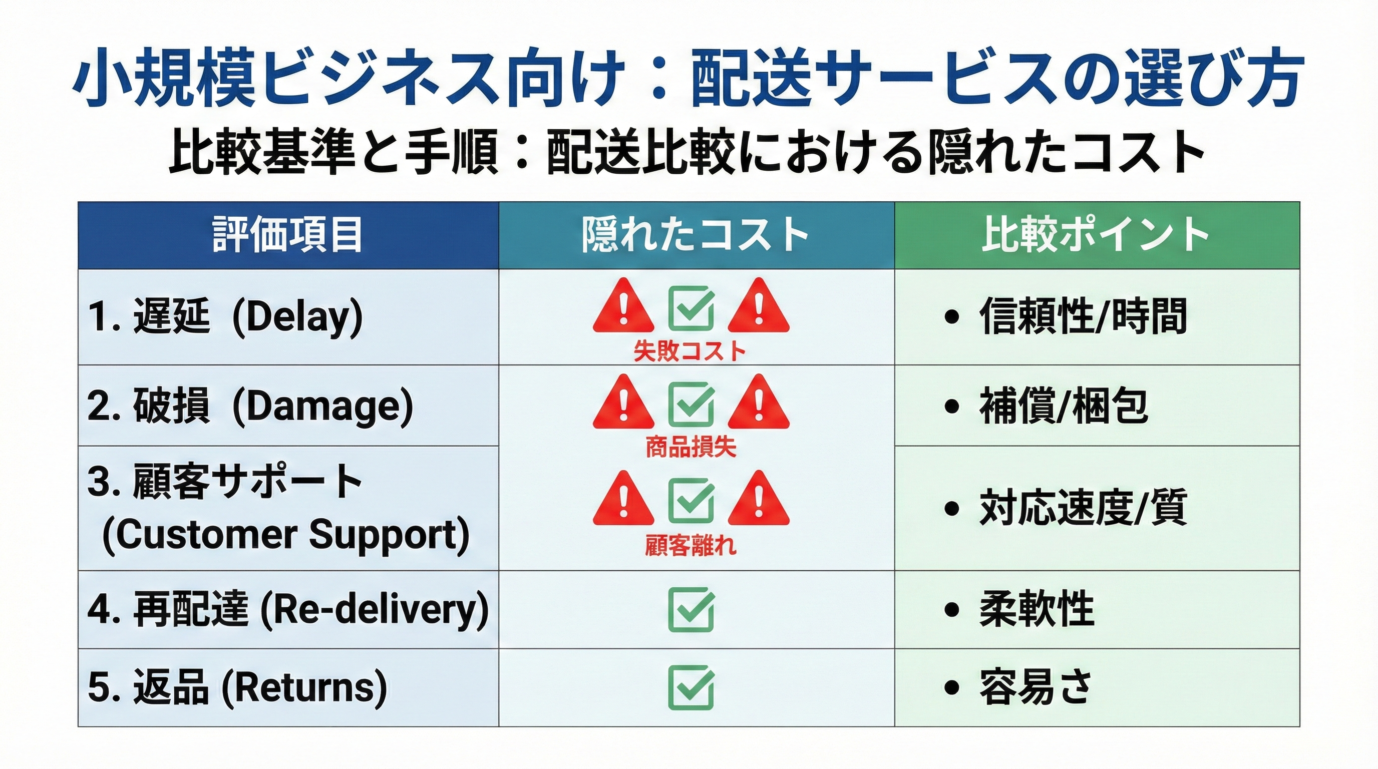 遅延、破損、カスタマーサポート、再配達、返品など見落とされがちな失敗コストをチェックできる一覧表