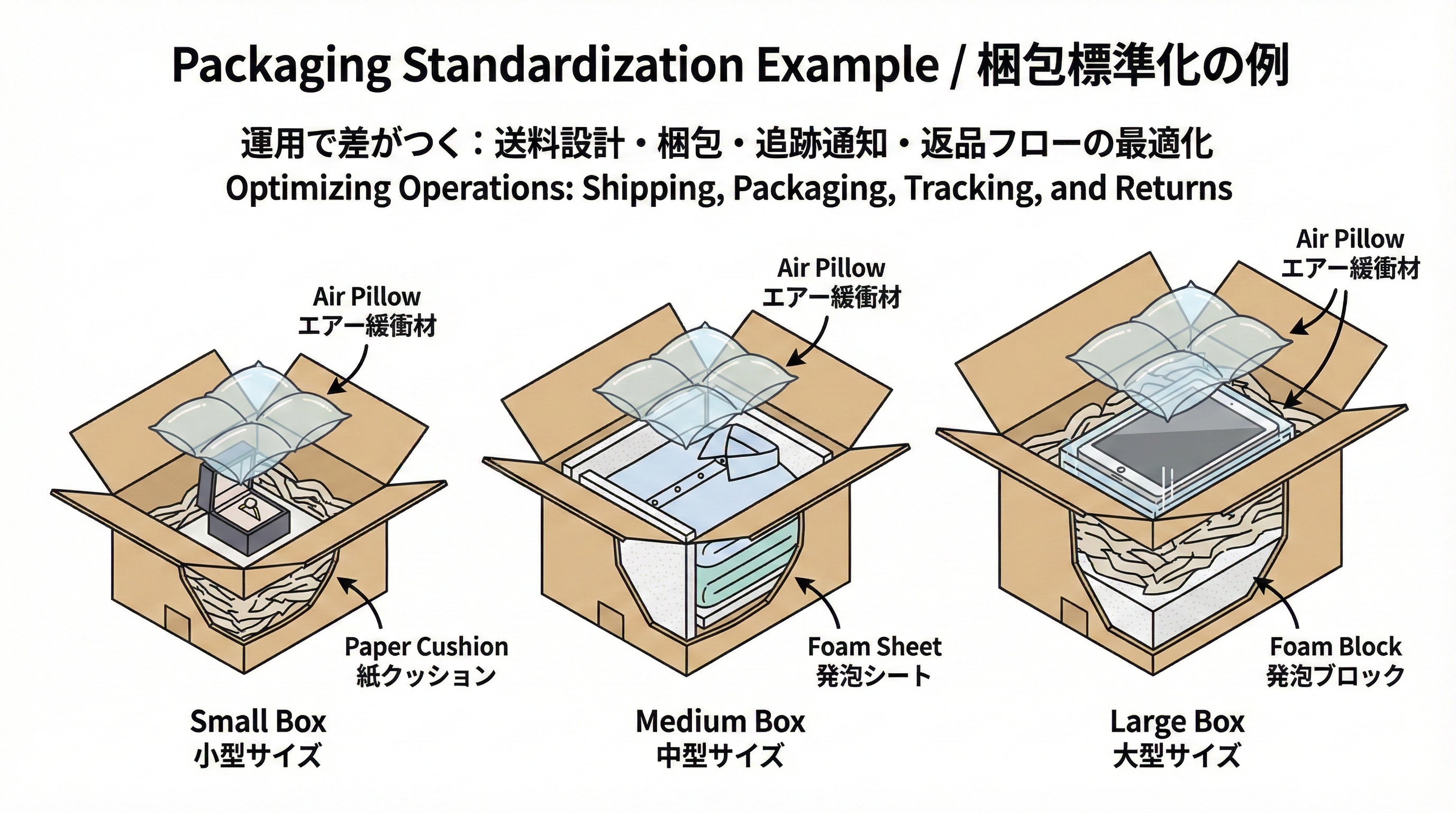 3種類の標準箱サイズと、中身商品の周りに緩衝材を配置した梱包例を示す図