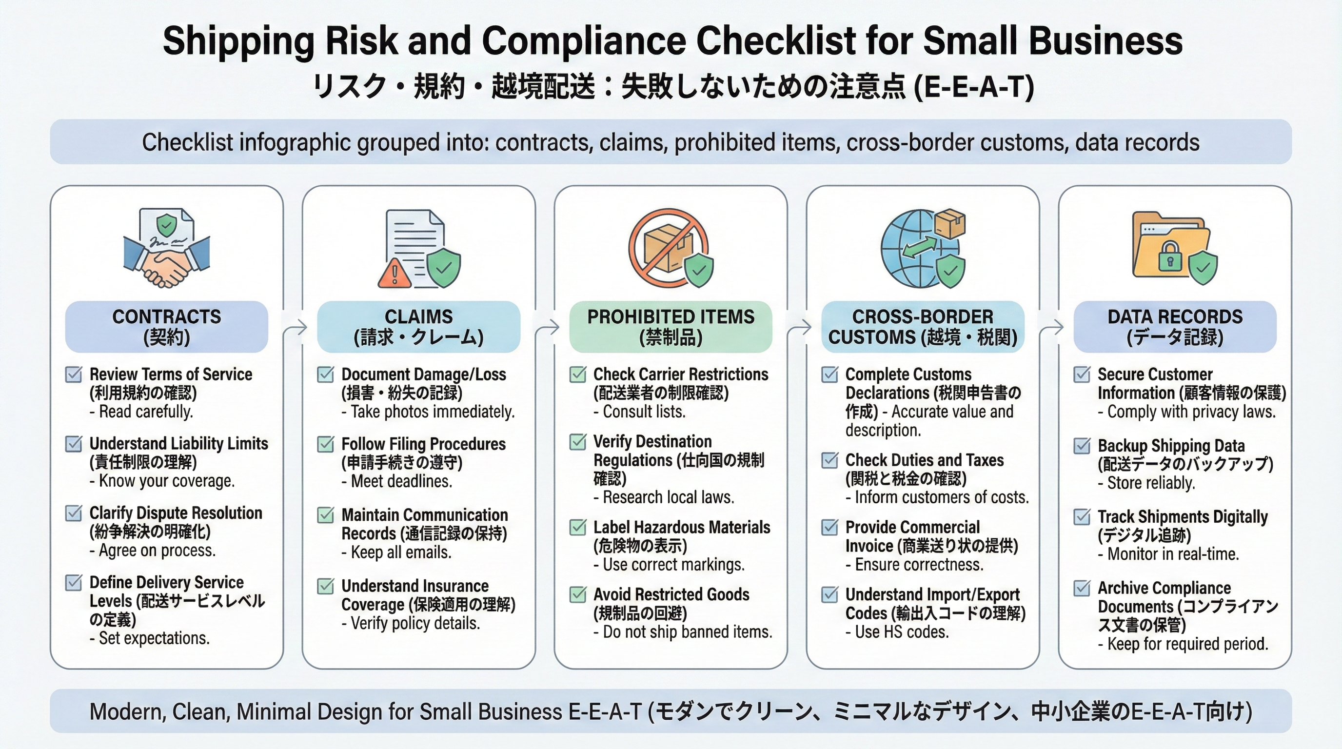契約条件、クレーム・補償、禁制品、越境通関、データ記録など配送リスク管理のチェックポイントをグループ分けしたチェックリスト