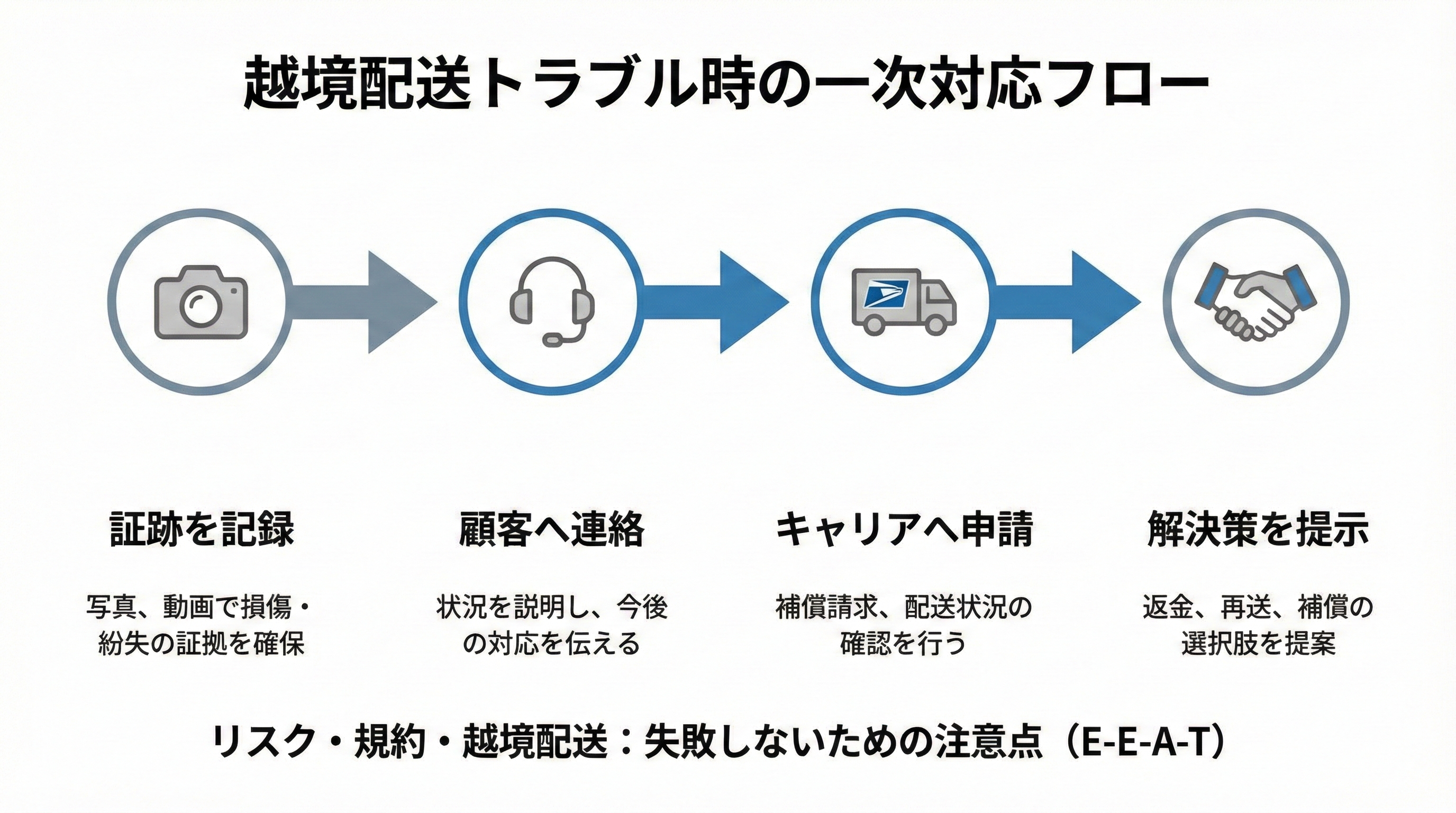 配送トラブル発生時に証拠を確保し、顧客へ連絡し、キャリアへ申請して解決策を提示するまでの一次対応フロー図