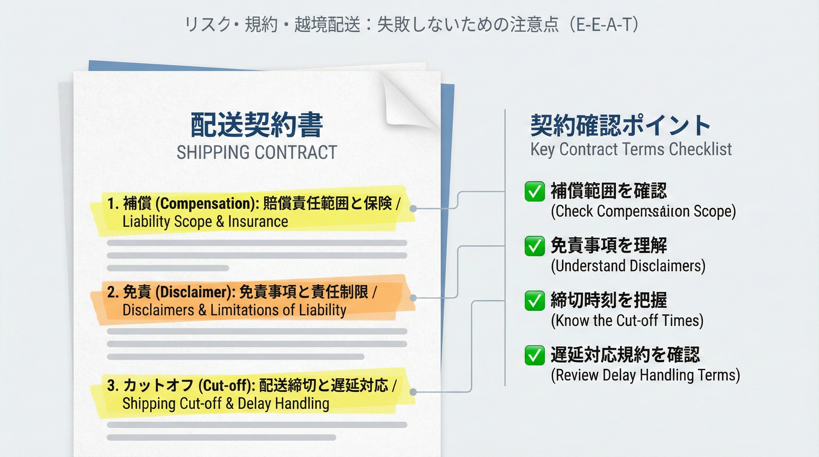 配送契約書面の中で補償や免責条項、集荷時間など重要箇所をハイライトし、横にチェックリストを配置した図