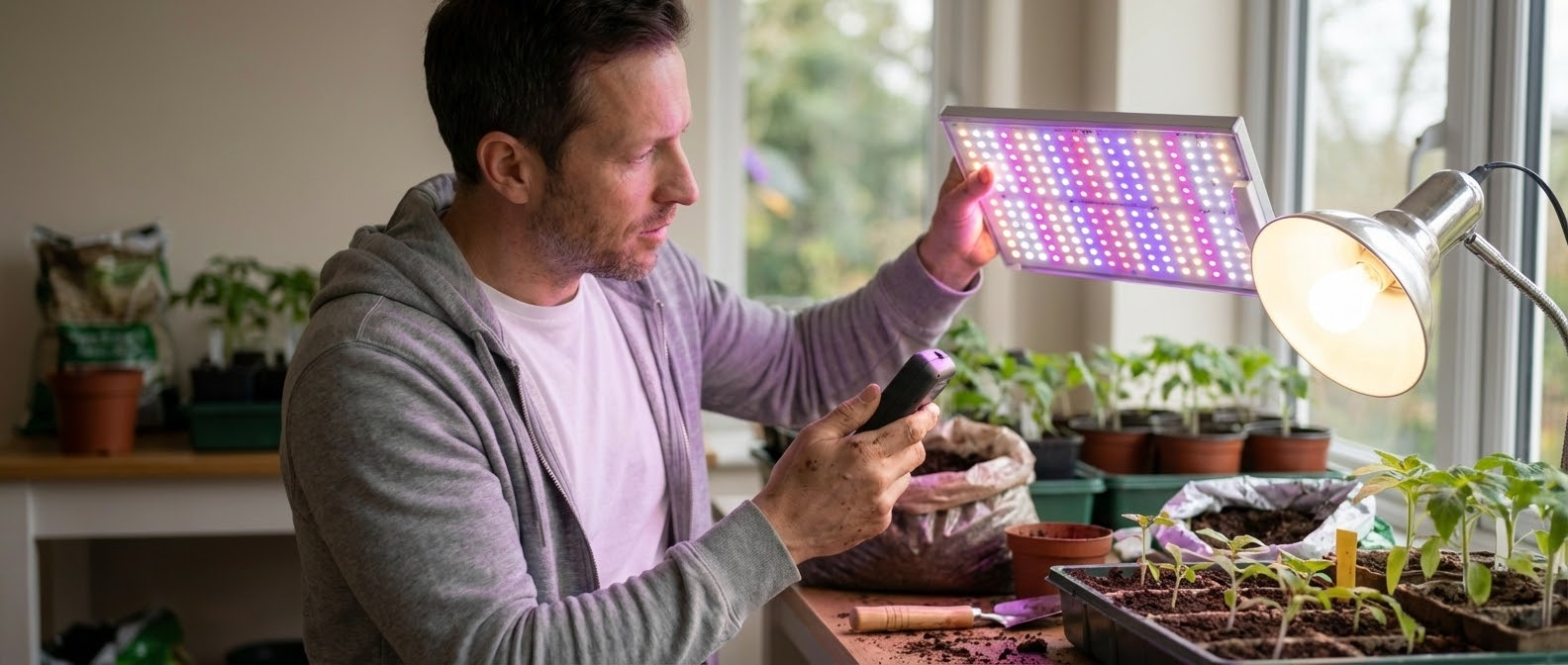 Сравнение спектров фитосветильников: график полного спектра против биколора и схема установки Quantum Board в гроубоксе