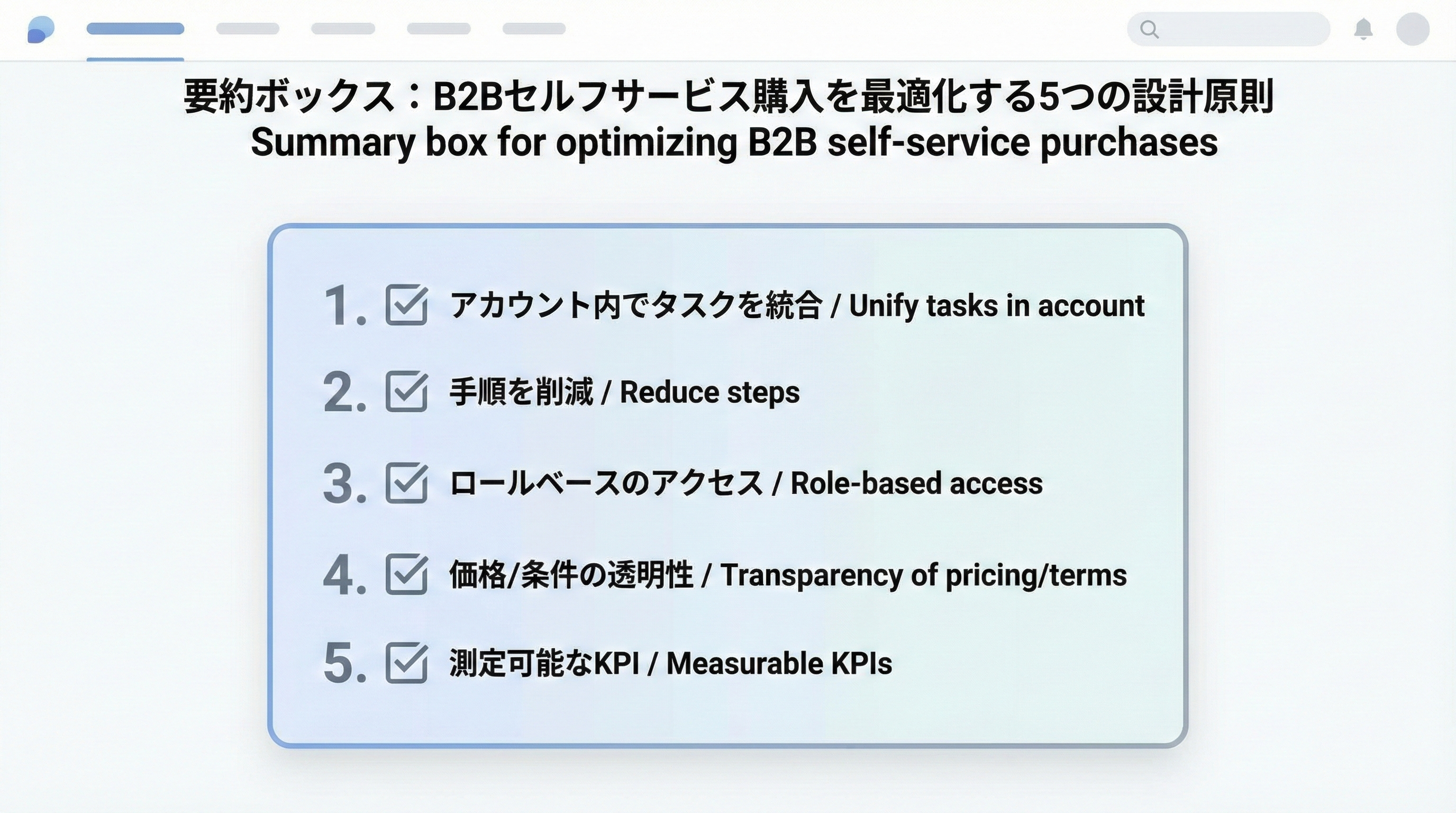 アカウント内完結、ステップ削減、ロールベースアクセス、条件の透明性、KPI測定という5原則をチェックリスト形式で示したインフォグラフィック