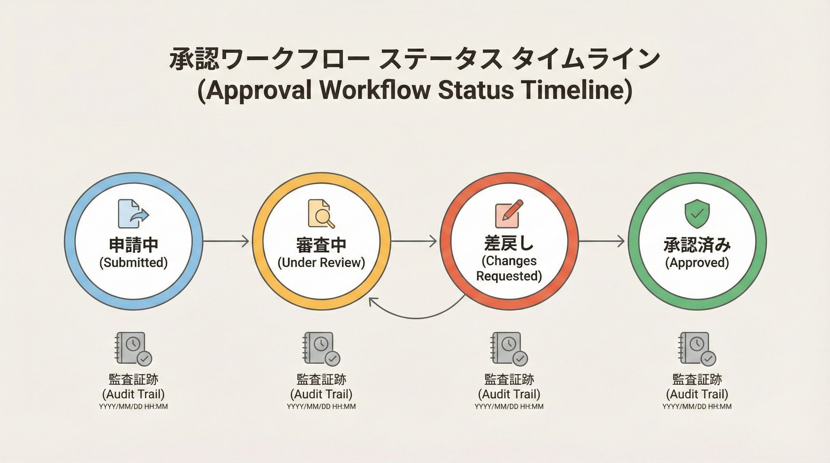 申請中・審査中・差戻し・承認済みなど承認ステータスのタイムラインと、監査ログアイコンを表示したシンプルなインフォグラフィック