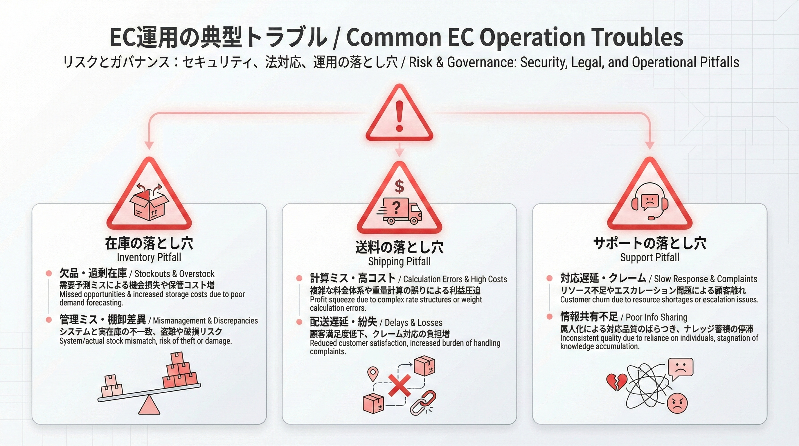 在庫箱アイコン、送料ラベル、カスタマーサポートのヘッドセットと警告三角形を組み合わせた、EC運用で起きやすいトラブルを示す図