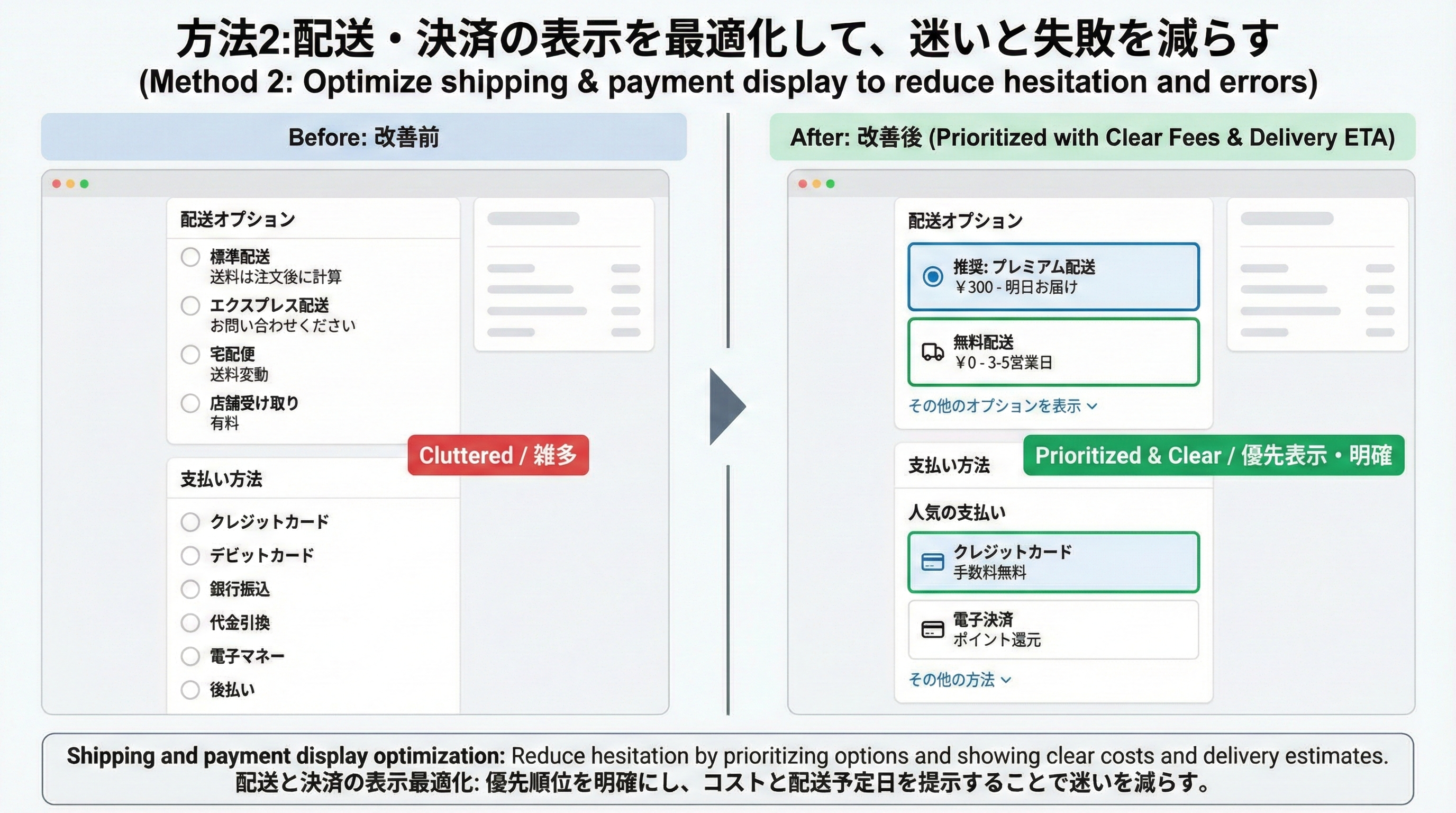 ごちゃついた配送・決済一覧と、優先順位や料金・到着目安が整理された改善後UIを並べて比較した図
