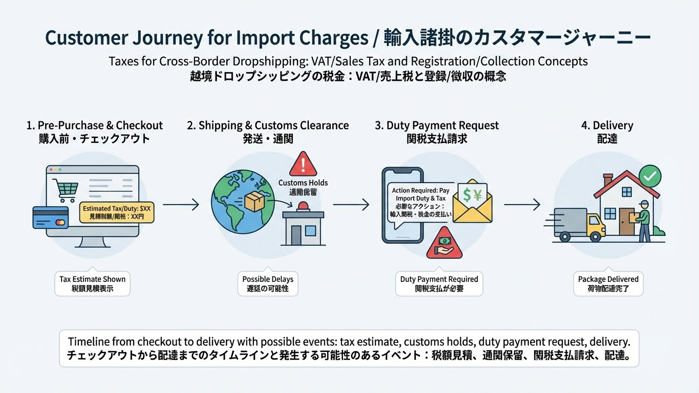 チェックアウトから配送・通関・配達までの時間軸上に、関税・輸入消費税の支払い要求や通関遅延などのイベントが発生し得るタイムライン図