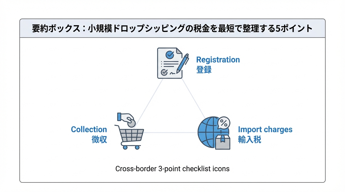 登録・徴収・輸入の3要素を三角形の頂点として配置し、それぞれにアイコンを添えた三角形レイアウトの図