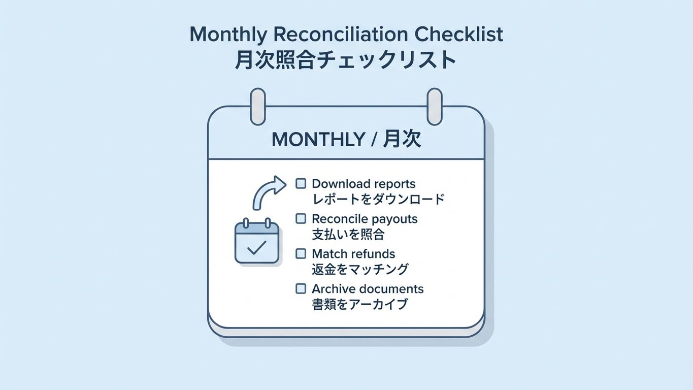 カレンダーアイコンとともに、月次で行うべきレポートダウンロードや入金・返金の突合、証憑保管のチェックリストを示した図