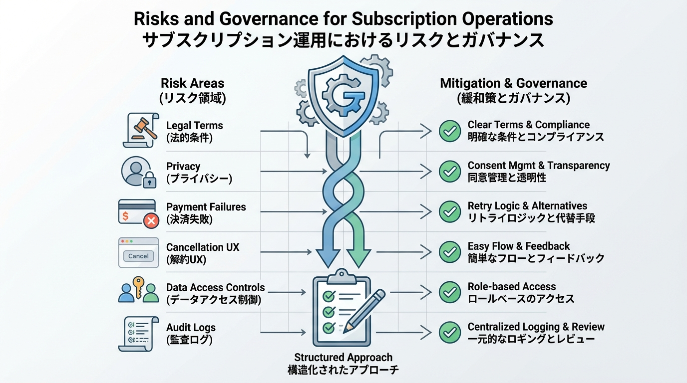 法務、プライバシー、決済失敗、解約UX、データアクセス、監査ログなどのリスク領域と、それぞれの対策をマトリクスで示した図