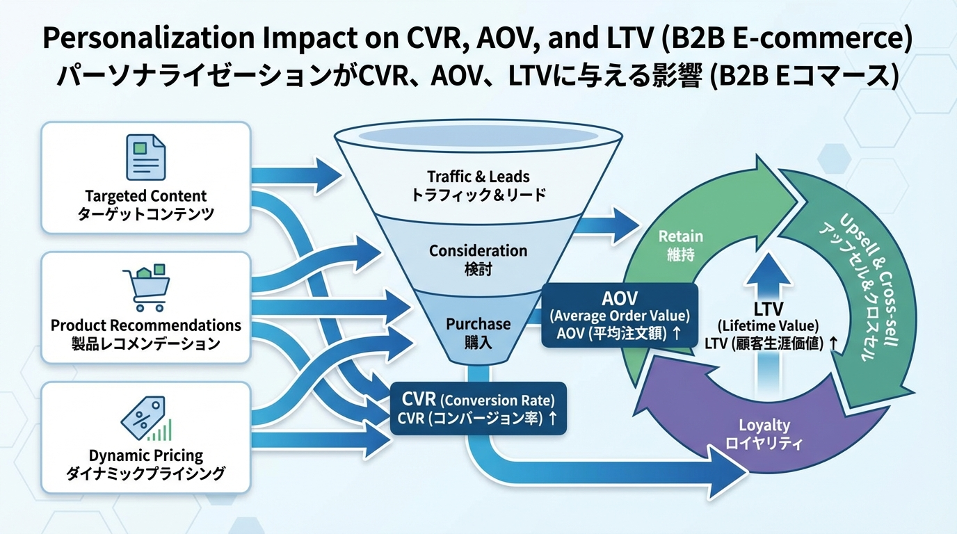 B2B ECのファネルでCVRとAOVが改善され、その後の継続購買によりLTVがフライホイール的に伸びていく関係を示した図