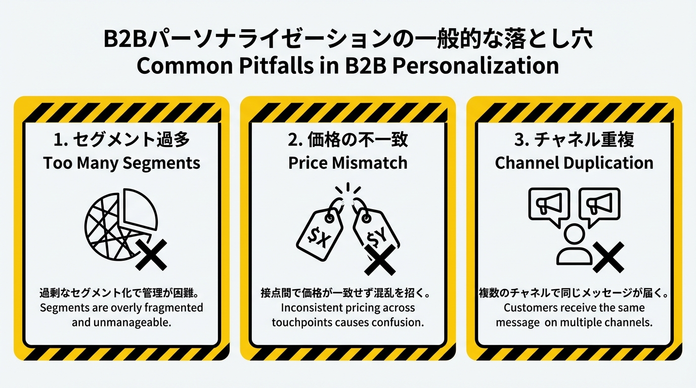 セグメント過多・価格の不整合・営業チャネルとの二重管理という3つの失敗パターンを注意喚起アイコン付きで並べたカード型の図