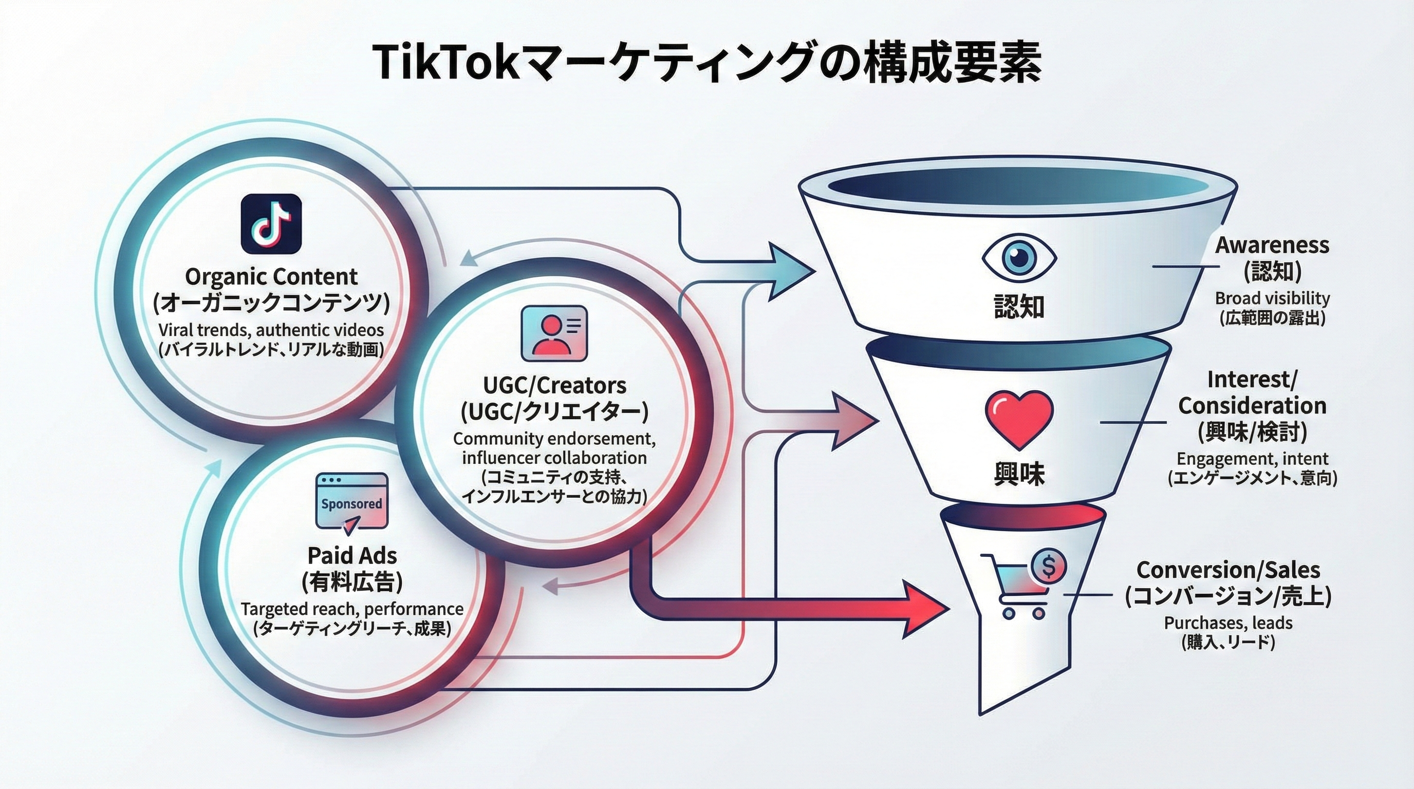TikTokマーケティングを構成するオーガニック投稿、広告配信、UGCやクリエイター施策の3要素と、それぞれが認知から購買までのファネルにどう寄与するかを示したインフォグラフィック。