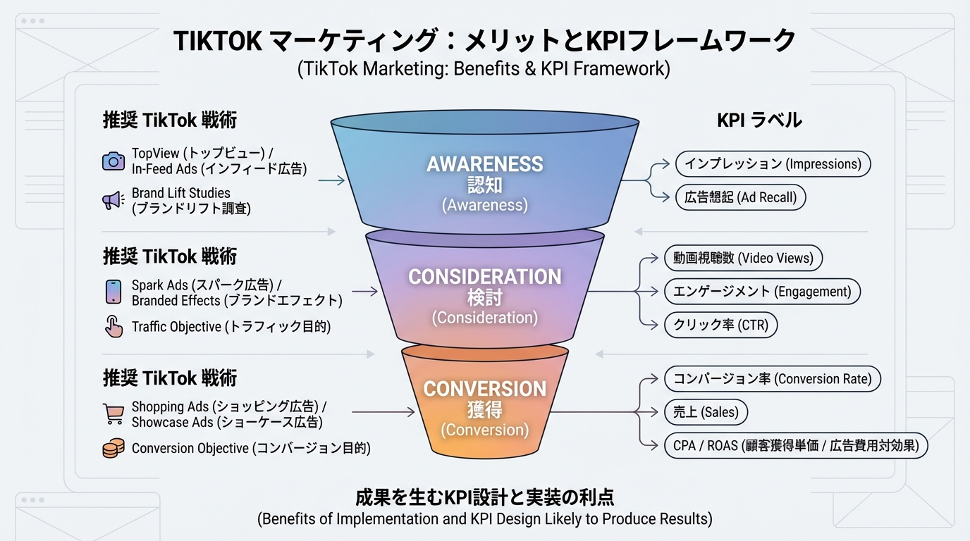 認知、検討、購買の3段階のマーケティングファネルに対して、TikTokの施策例と推奨KPIを対応させたインフォグラフィック。各レイヤーごとに指標が整理されている。