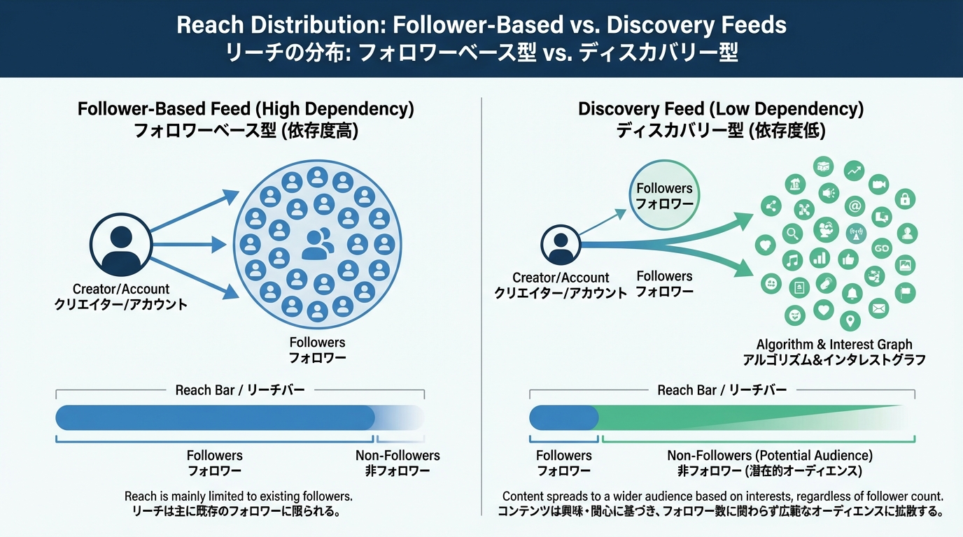 フォロワー数に応じてしか配信されないSNSと、フォロワーが少なくてもおすすめフィードで広く配信されるTikTokの違いを説明した概念図。