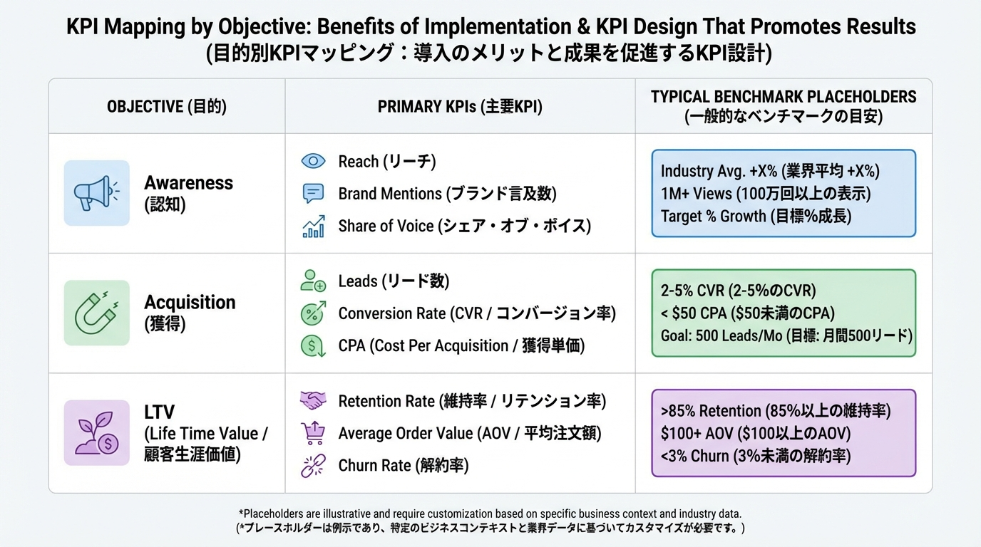 認知・獲得・LTVの3つの目的ごとに、再生数や視聴維持率、クリック率、CPA、リピート率などの主要KPIをマッピングした表形式のインフォグラフィック。
