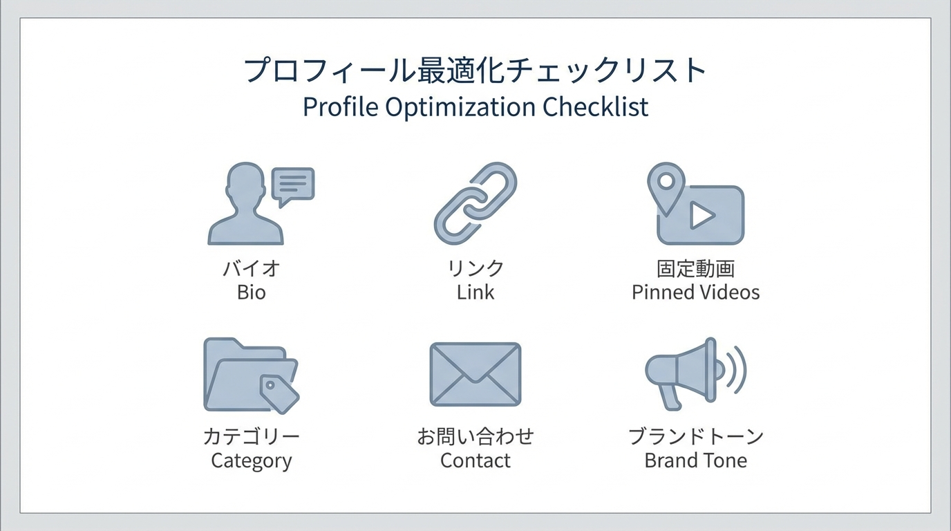 最適化されたTikTokビジネスプロフィールのワイヤーフレーム。肩書き、自己紹介文、リンク、固定動画、カテゴリ、問い合わせボタンなどの要素をアイコンで示した図。