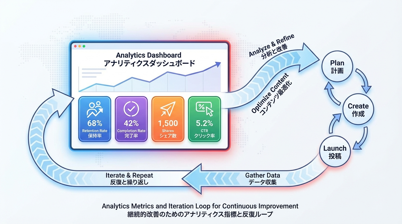 TikTokの分析ダッシュボードの概念図として、視聴維持率、完了率、保存・共有数、クリック率などの主要指標をカードで示し、それぞれから改善アクションへ矢印でつないだインフォグラフィック。