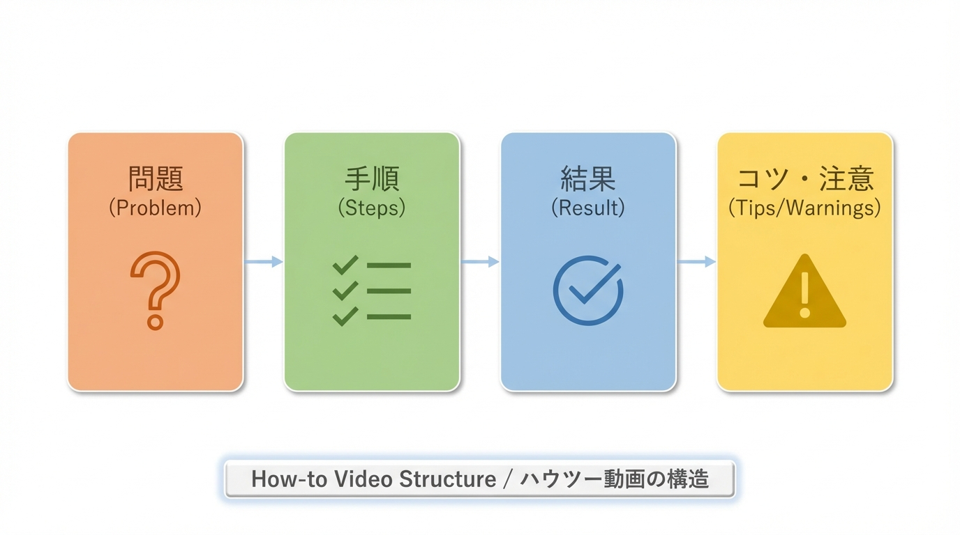 How-to動画の構成として、視聴者の悩みの提示、手順の紹介、結果のビフォーアフター、注意点やコツの4ステップを短尺動画向けにまとめたフローチャート。