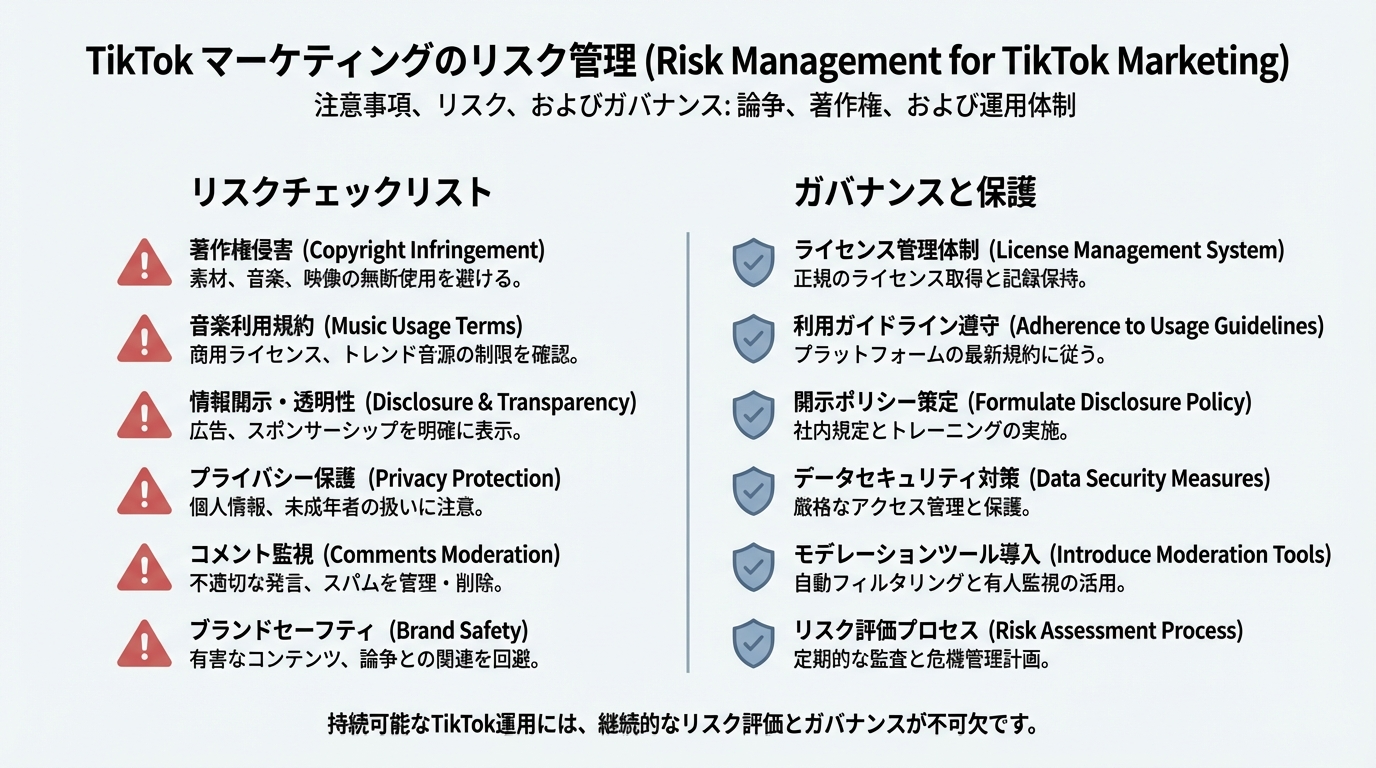TikTokマーケティングにおける代表的なリスクとして、著作権侵害、音源利用、広告表記、個人情報、コメント管理、ブランド毀損などをチェックリスト形式で整理したインフォグラフィック。