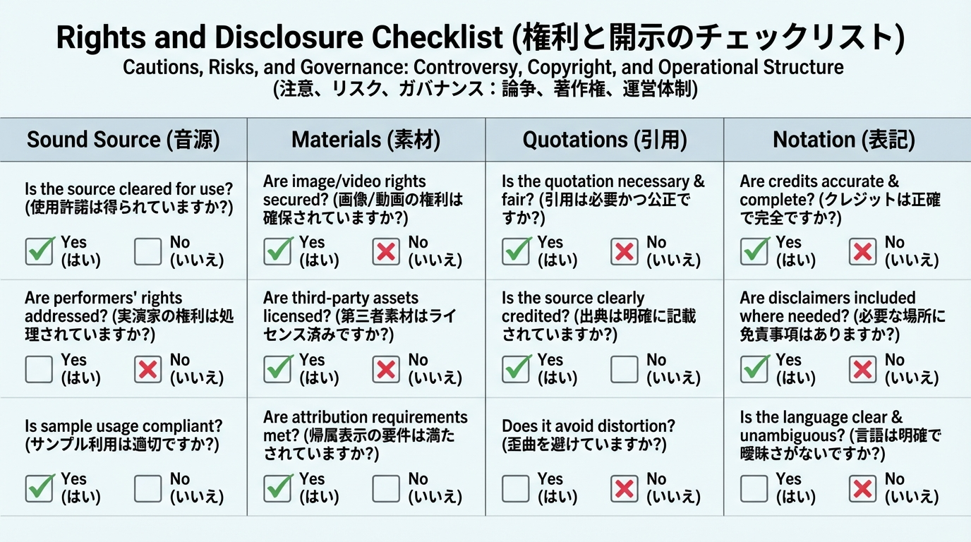 TikTok運用時に確認すべき音源利用、画像・動画素材の権利、引用の範囲、広告やタイアップ表記の有無などを、4つのカテゴリに分けてチェックボックス付きで整理した図。