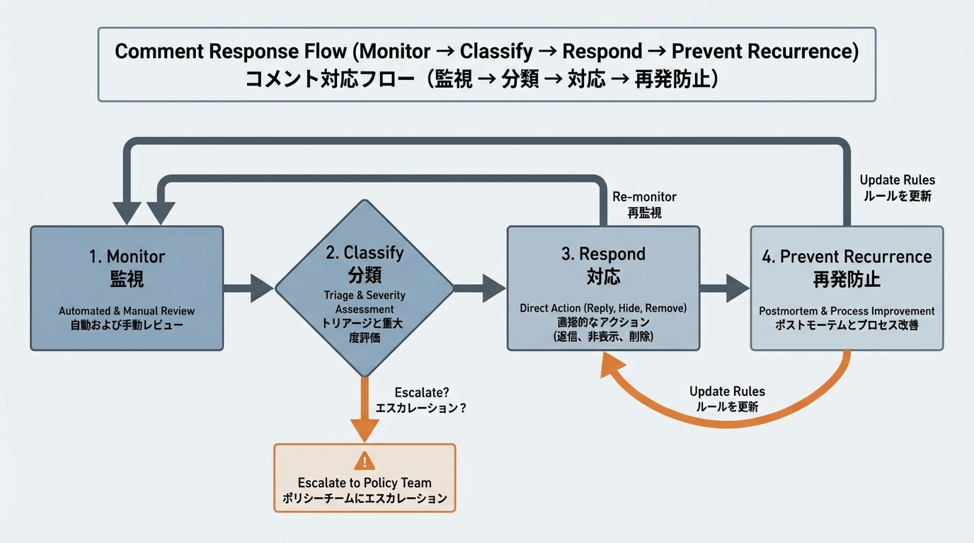 コメント監視から問題投稿の分類、返信や削除などの対応、エスカレーション、再発防止策の検討までの流れを矢印でつないだコメント対応フローチャート。