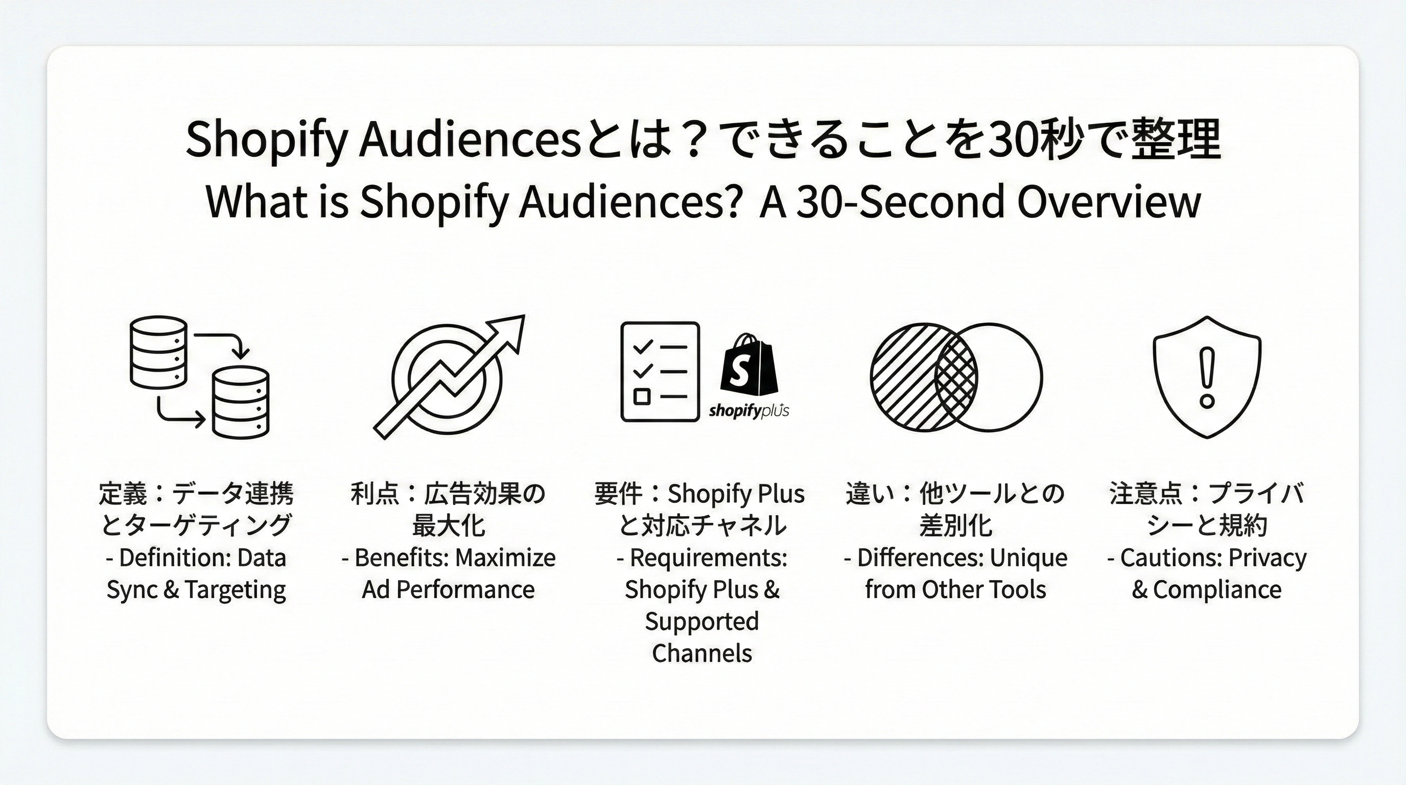 Shopify Audiencesの定義・メリット・導入条件・他施策との違い・注意点を表す5つのシンプルなアイコンセット