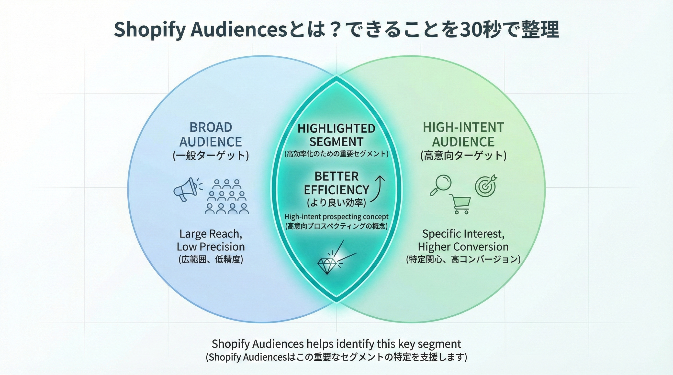 広いターゲットオーディエンスの中に高い購入意向を持つセグメントが存在し、その部分をShopify Audiencesでハイライトするベン図