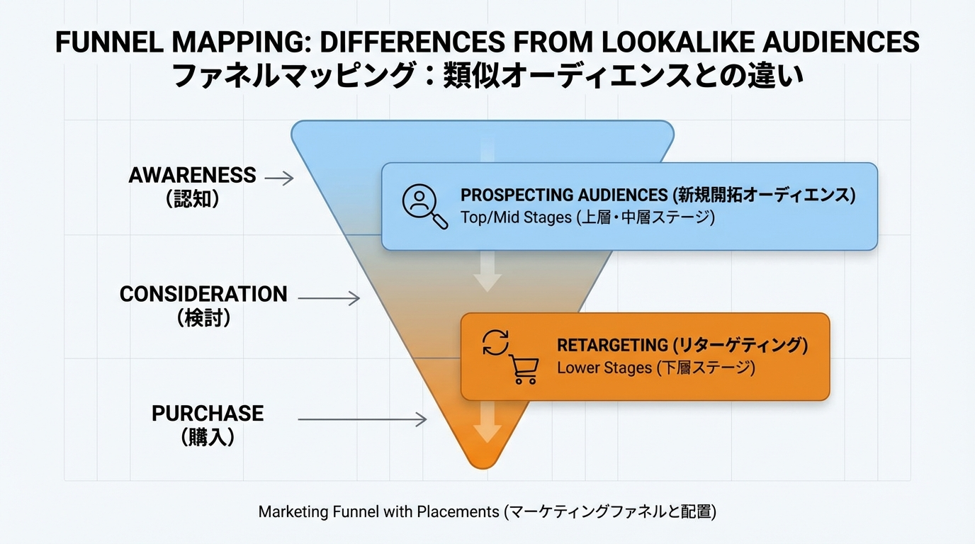 認知・検討・購入のマーケティングファネルの各段階に、Shopify AudiencesのProspectingやリターゲティング施策を配置した図