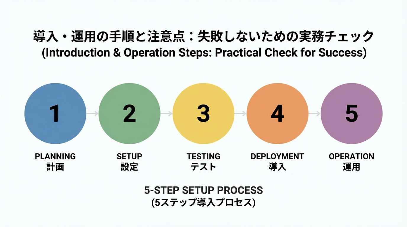 前提確認、初期設定、テスト配信、本格配信、継続的な改善という5つのステップを番号付きで表した図
