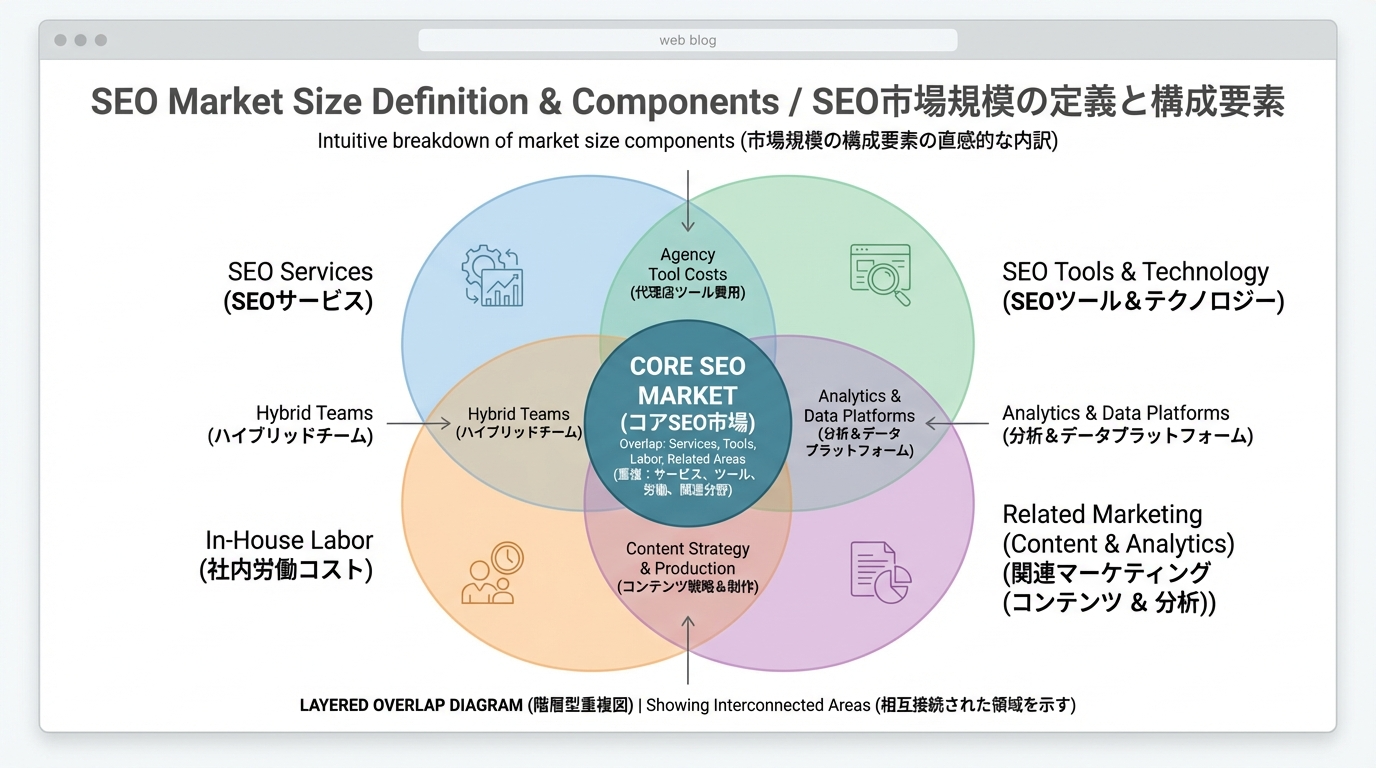 SEO市場規模をサービス・ツール・人件費・周辺マーケティング投資に分けて示したレイヤー図と円グラフのイメージ