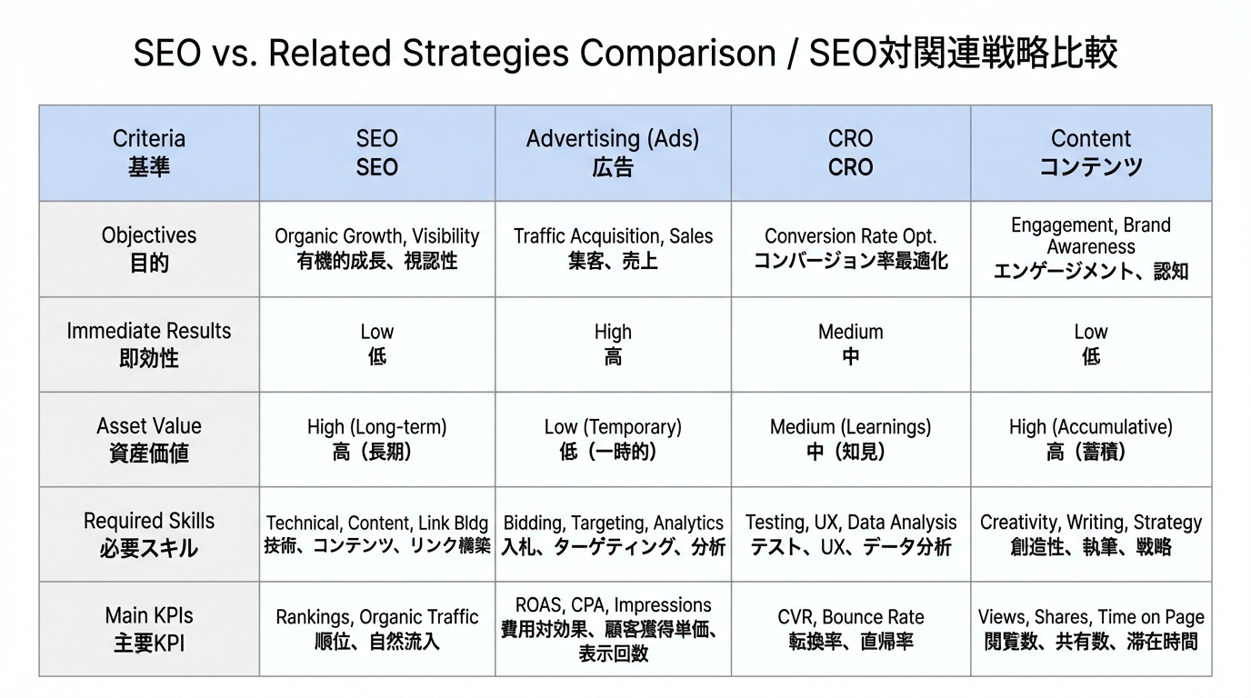 SEOと広告、CRO、コンテンツマーケティングを目的や即効性、資産性などで比較したマトリクス表