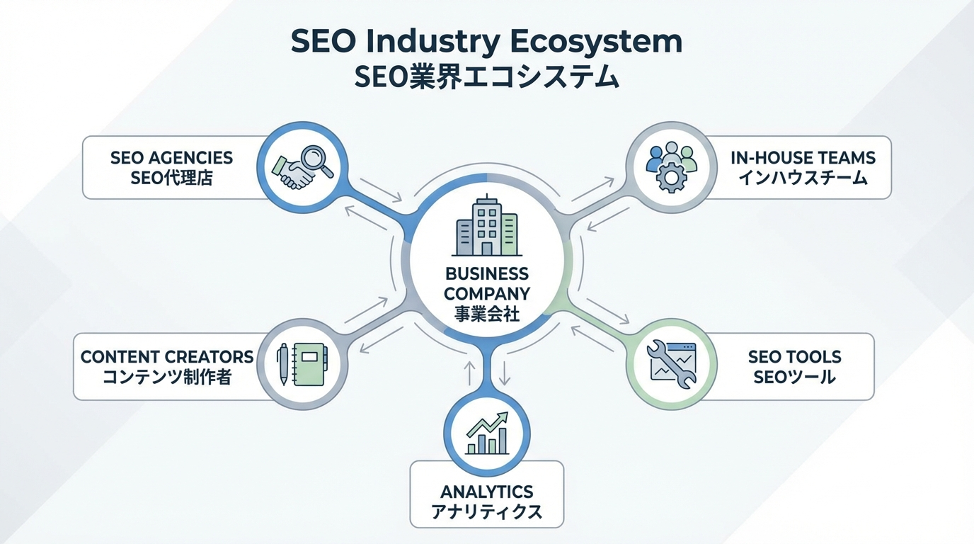 事業会社を中心にSEOエージェンシー、インハウスチーム、コンテンツ制作者、SEOツール、アナリティクスが取り巻くエコシステム図