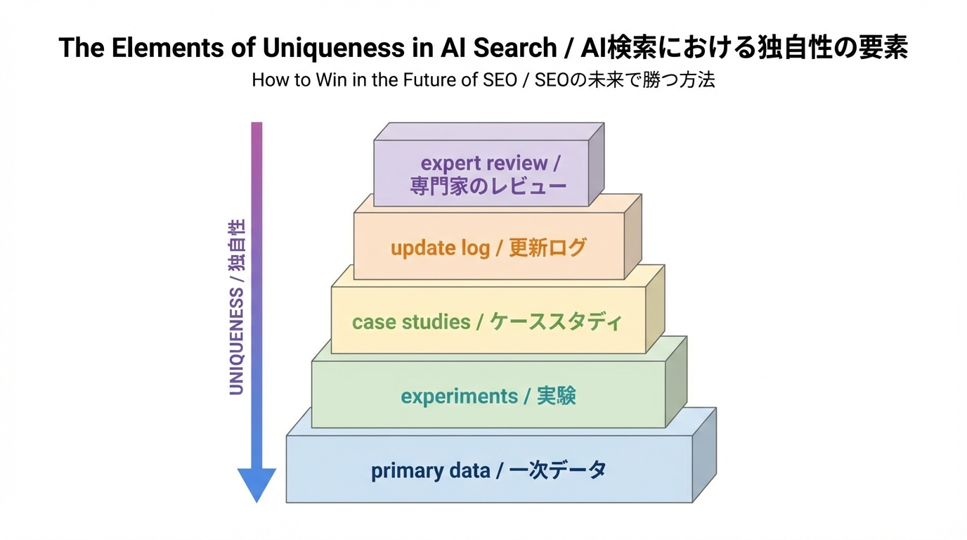 一次データ、実験、事例、更新履歴、専門家レビューなど独自性を構成する要素を積み上げたブロック図