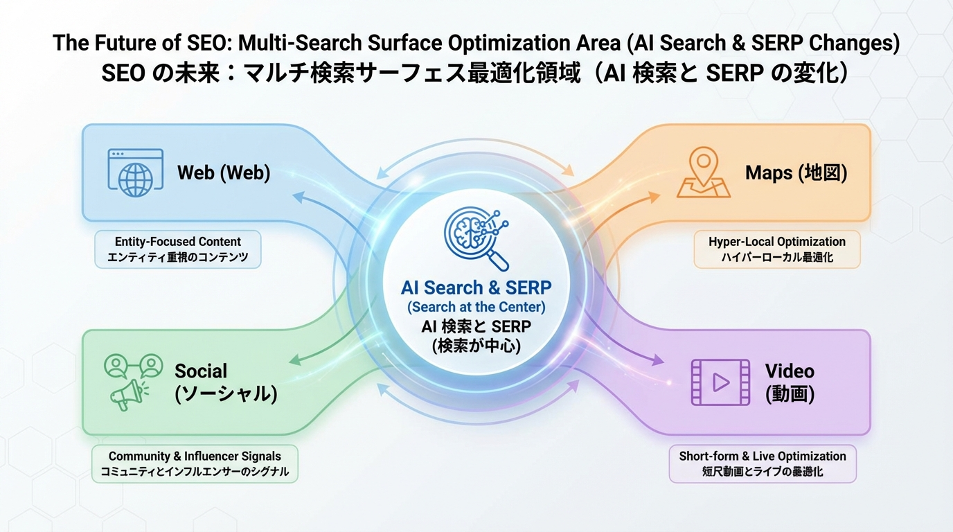 中心にSearch、その周囲にWeb・地図・動画・SNSの4チャネルを配置し、それぞれの代表的なSEOタスクを示したチャネル図