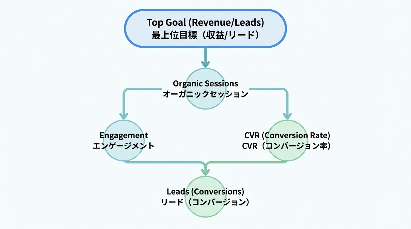 売上やリードを頂点に、自然検索セッション、エンゲージメント、CVRとつながるSEO KPIツリー図